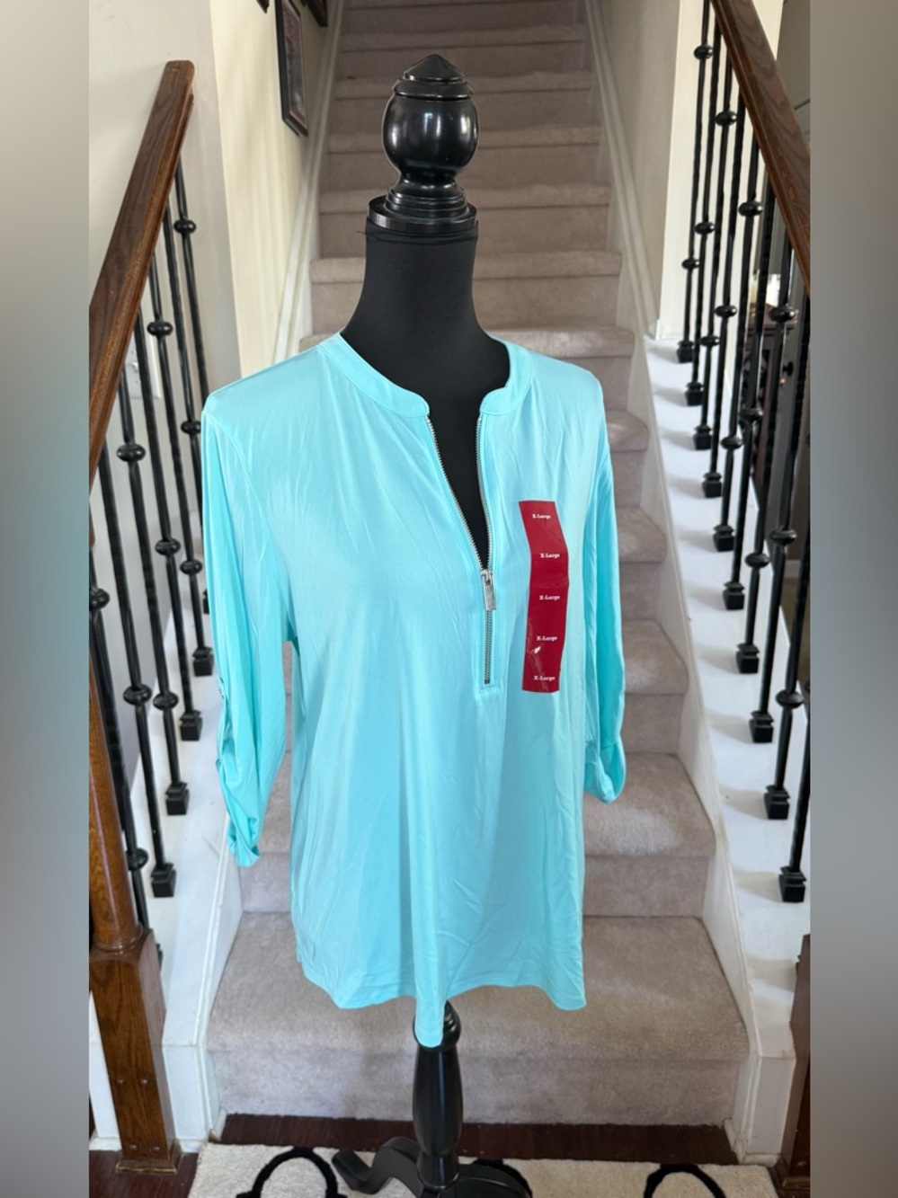 Ellen Tracy Aqua Zip-Front Tunic with Red Patch